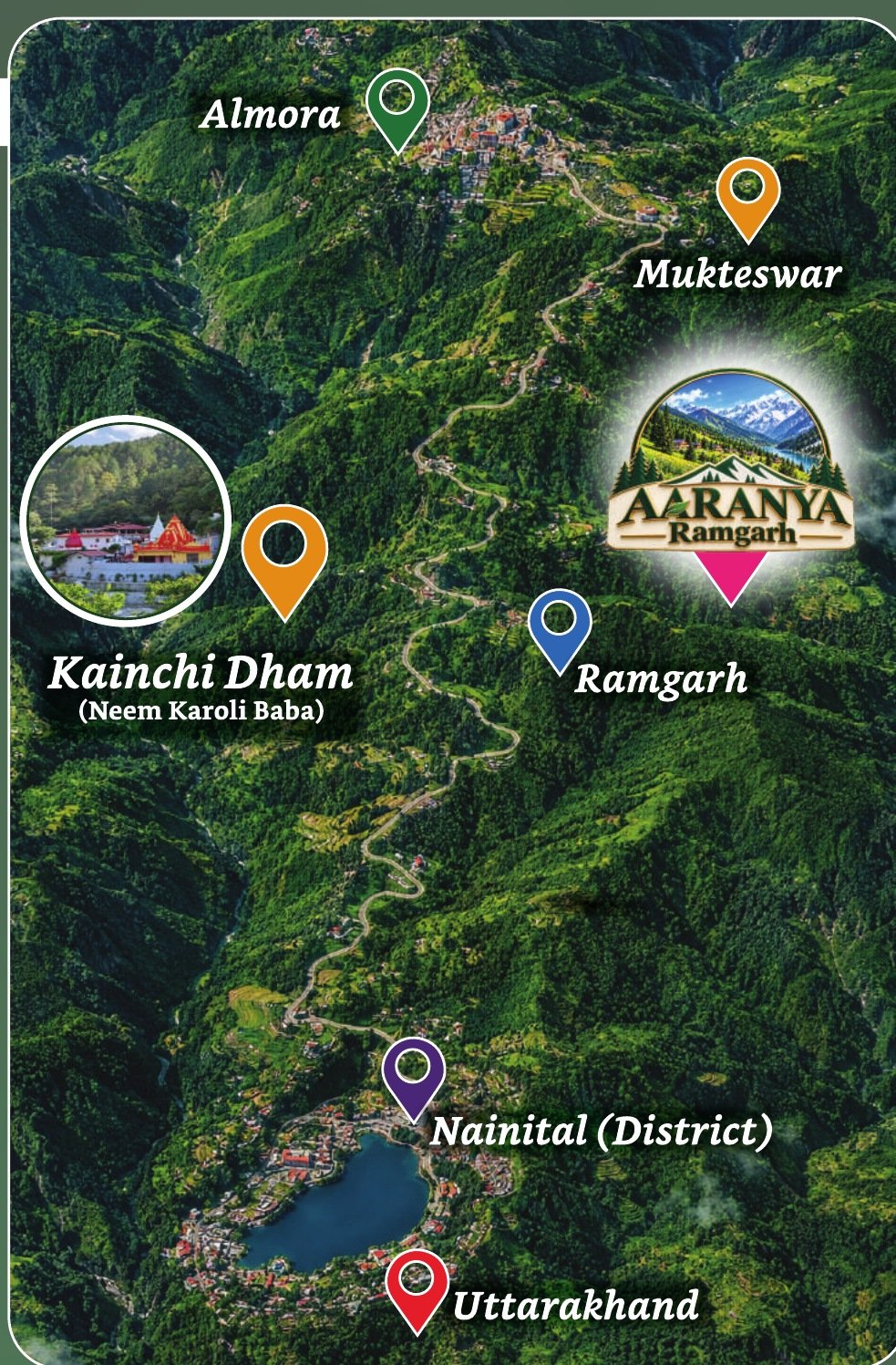 Map showing Aaranya Ramgarh near Almora, Mukteswar, Kainchi Dham and Nainital