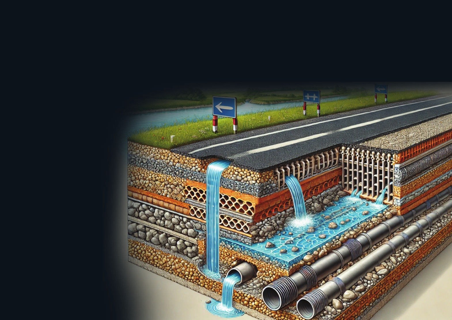 Cross-section of road with drainage, water harvesting and sewer pipes