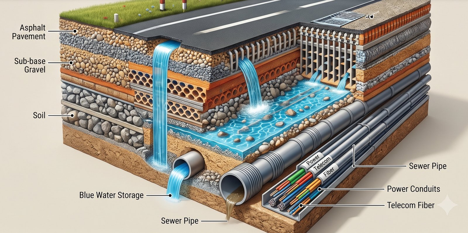 Cross-section of road with drainage, water harvesting and sewer pipes